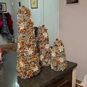 Salzburg Creations Gold Bead/White Flowers Frosted Decorative Trees - Set of 3